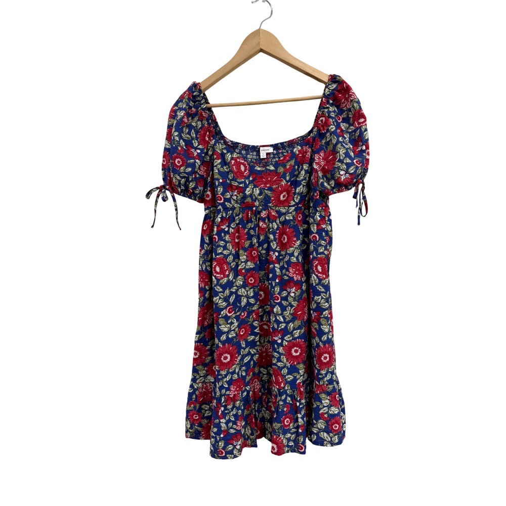 Pepper Floral Puff Sleeve Mini Dress Blue Red Smocked Back Coquette Size L